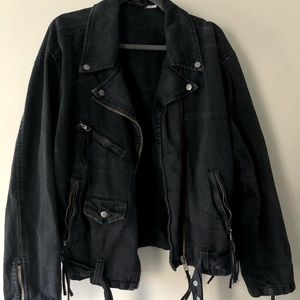 [free people] black jean jacket w/ties on side